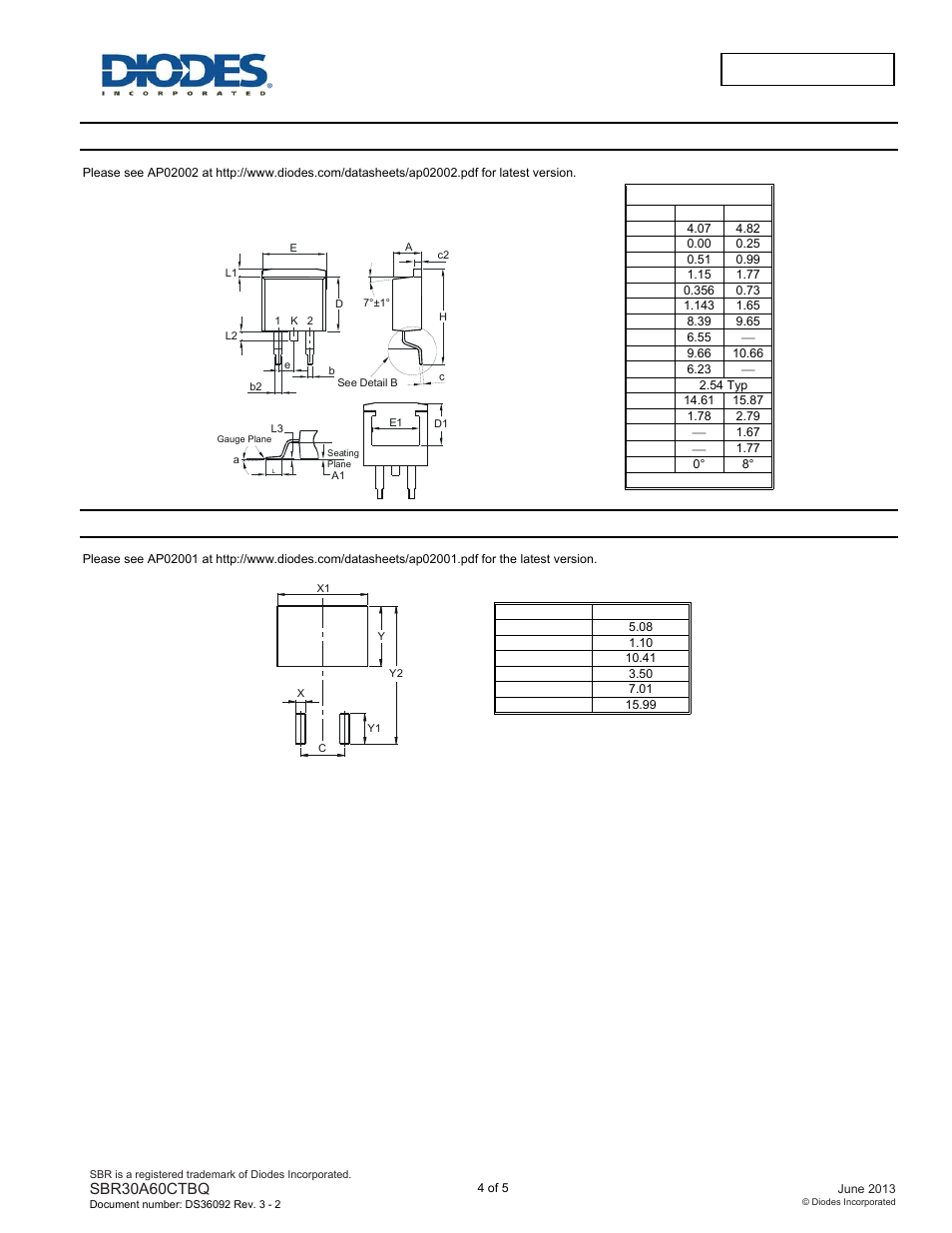 Sbr30a60ctbq new, Package outline dimensions, Suggested pad layout | Diodes SBR30A60CTBQ User Manual | Page 4 / 5