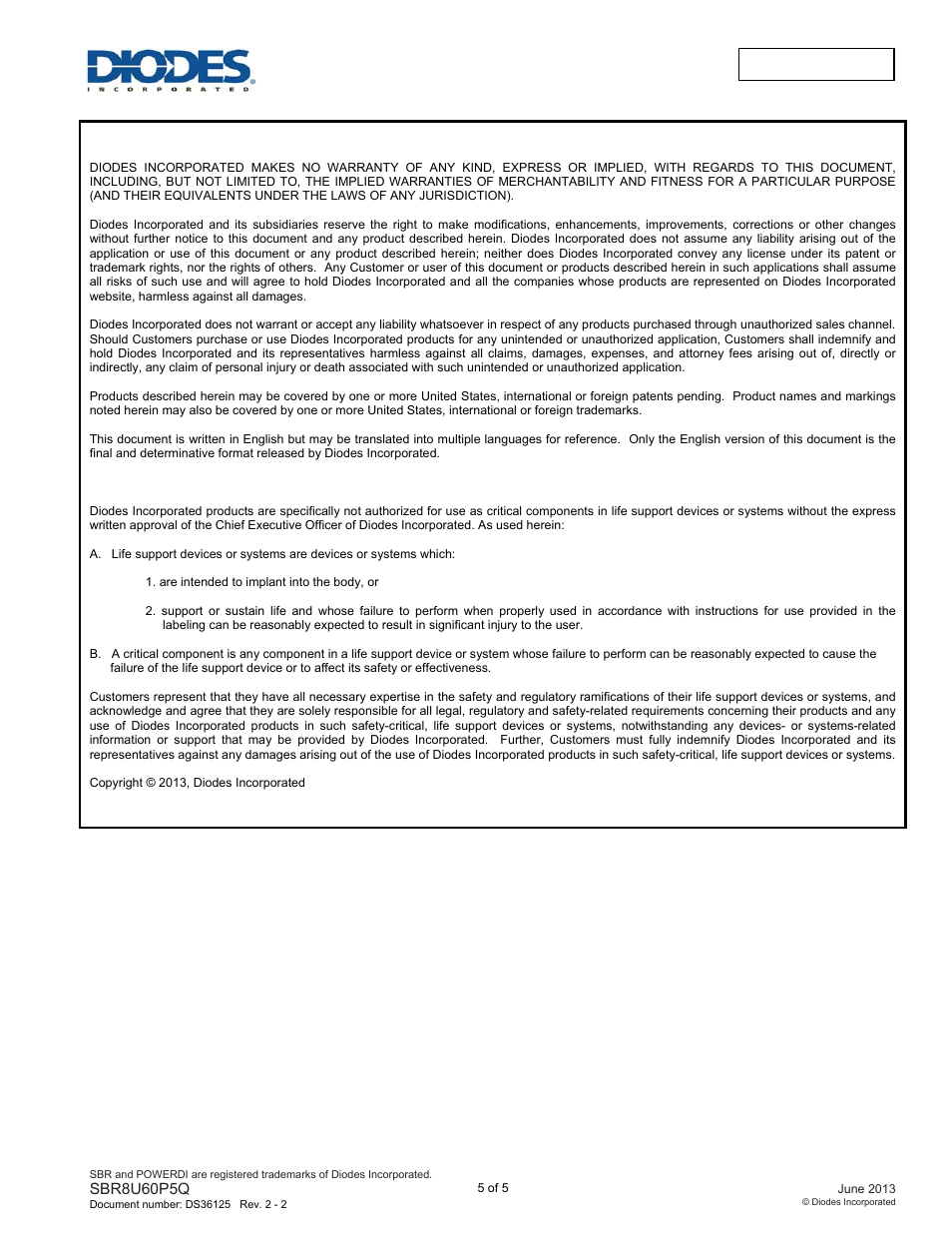 Sbr8u60p5q new prod uc t | Diodes SBR8U60P5Q User Manual | Page 5 / 5