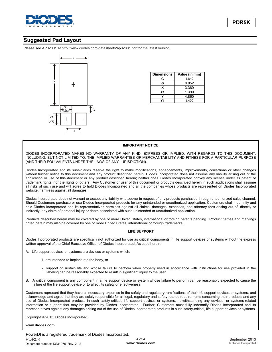 Pdr5k new prod uc t, Suggested pad layout | Diodes PDR5K User Manual | Page 4 / 4