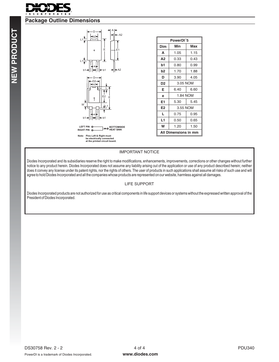 New p roduct, Package outline dimensions | Diodes PDU340 User Manual | Page 4 / 4