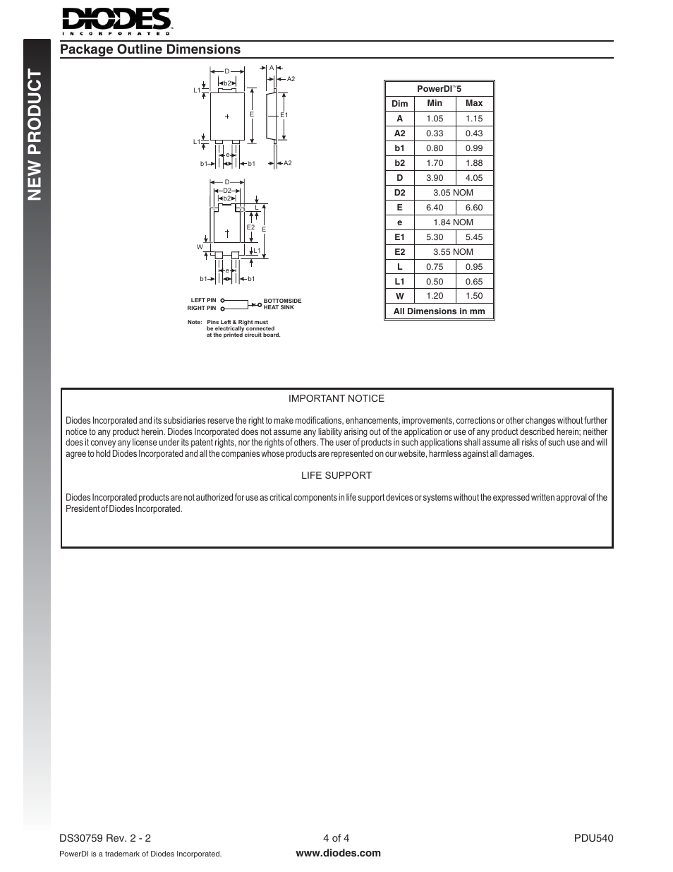New p roduct, Package outline dimensions | Diodes PDU540 User Manual | Page 4 / 4