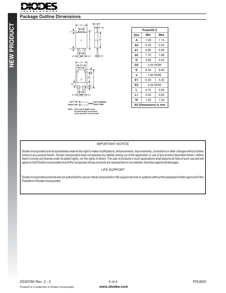 New p roduct, Package outline dimensions | Diodes PDU620 User Manual | Page 4 / 4