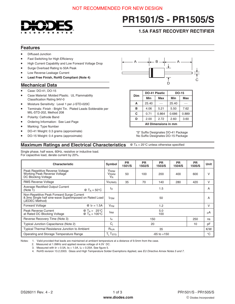 Diodes PR1501/S - PR1505/S User Manual | 3 pages