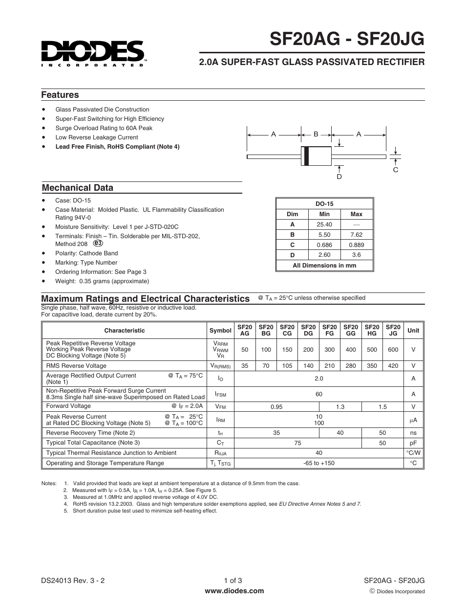 Diodes SF20AG - SF20JG User Manual | 3 pages