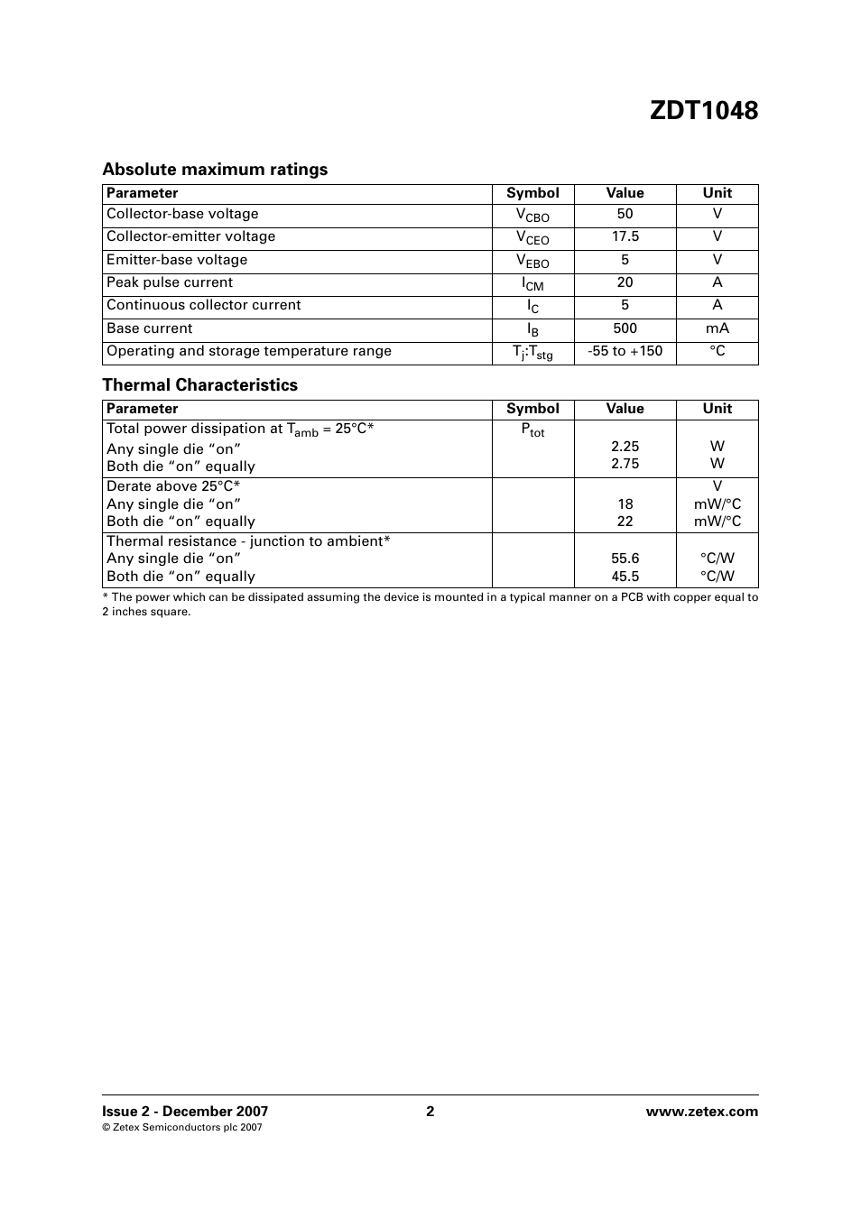 Zdt1048, Absolute maximum ratings thermal characteristics | Diodes ZDT1048 User Manual | Page 2 / 6
