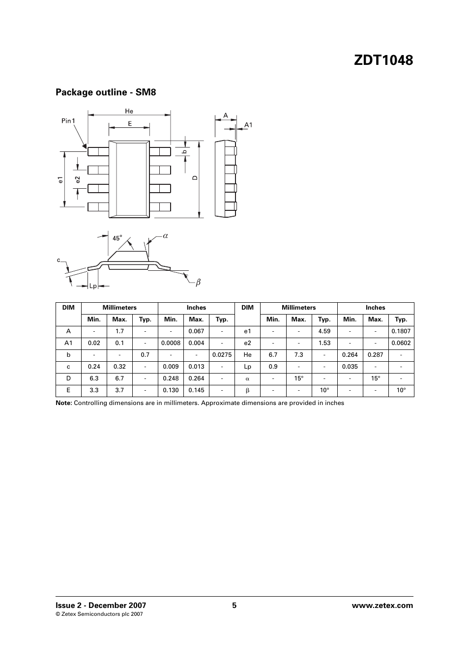 Zdt1048, Package outline - sm8 | Diodes ZDT1048 User Manual | Page 5 / 6