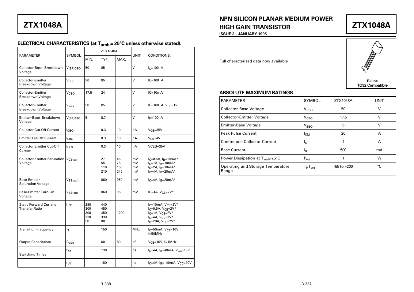 Ztx1048a, Absolute maximum ratings, Electrical characteristics (at t | 25°c unless otherwise stated) | Diodes ZTX1048A User Manual | Page 2 / 4