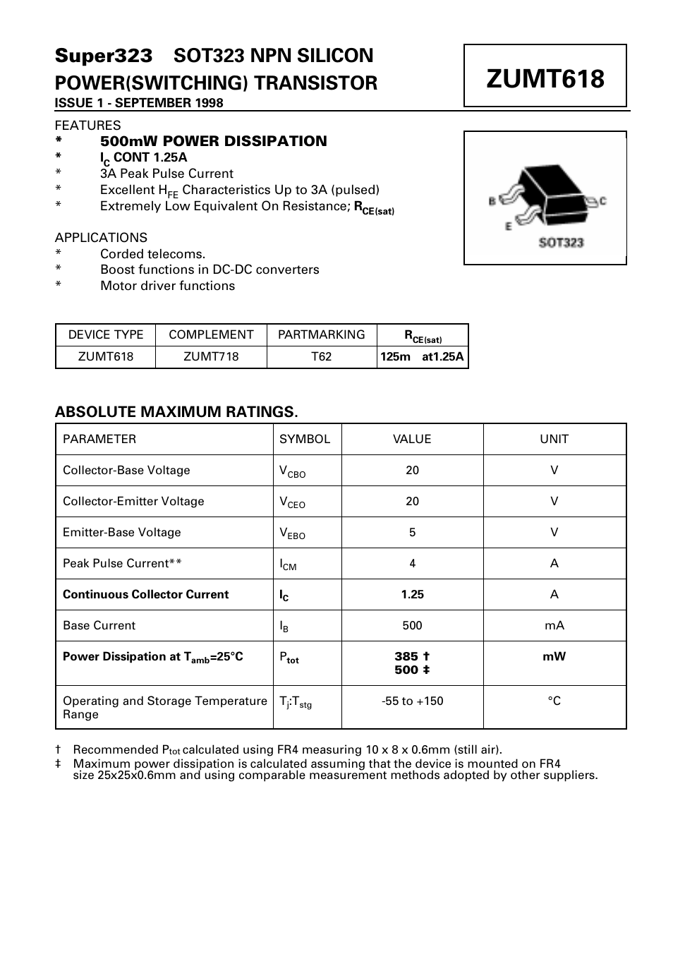 Diodes ZUMT618 User Manual | 3 pages