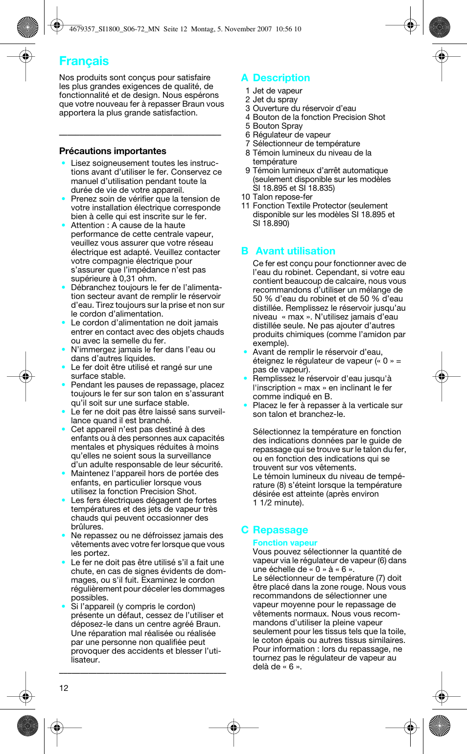 Français, A description, B avant utilisation | C repassage | Braun TexStyle Control SI 18835 User Manual | Page 12 / 70