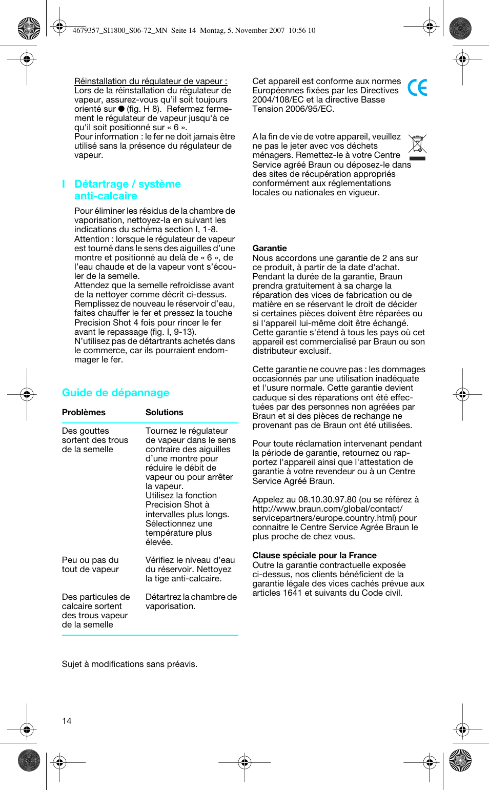 I détartrage / système anti-calcaire, Guide de dépannage | Braun TexStyle Control SI 18835 User Manual | Page 14 / 70