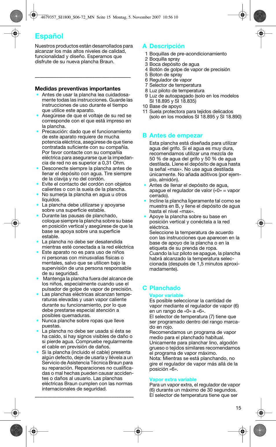 Español, A descripción, B antes de empezar | C planchado | Braun TexStyle Control SI 18835 User Manual | Page 15 / 70