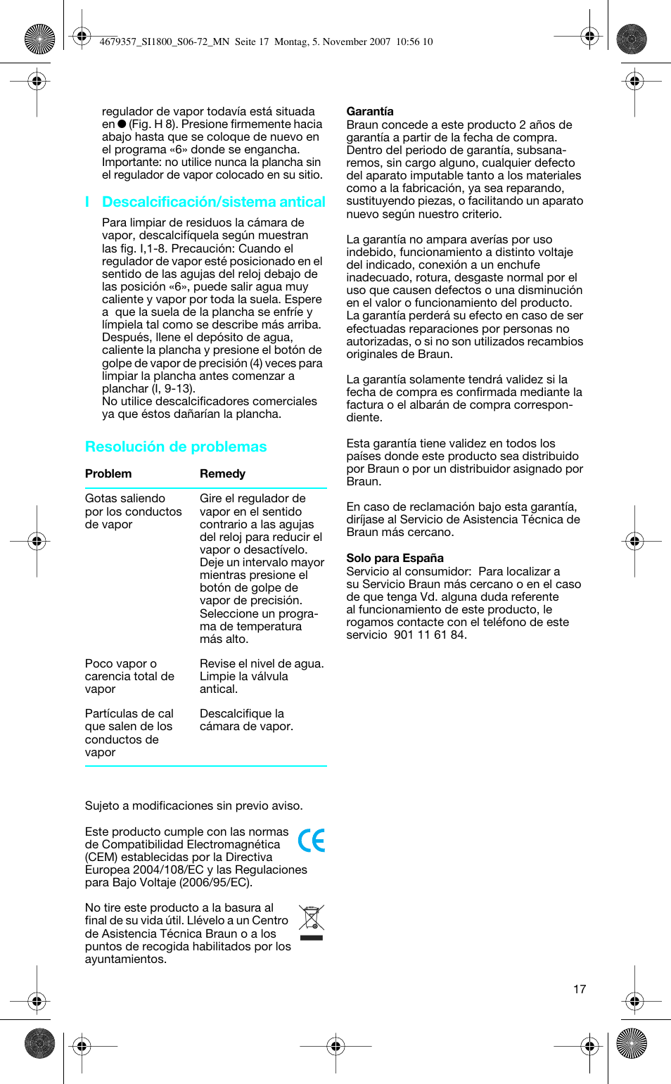 I descalcificación/sistema antical, Resolución de problemas | Braun TexStyle Control SI 18835 User Manual | Page 17 / 70