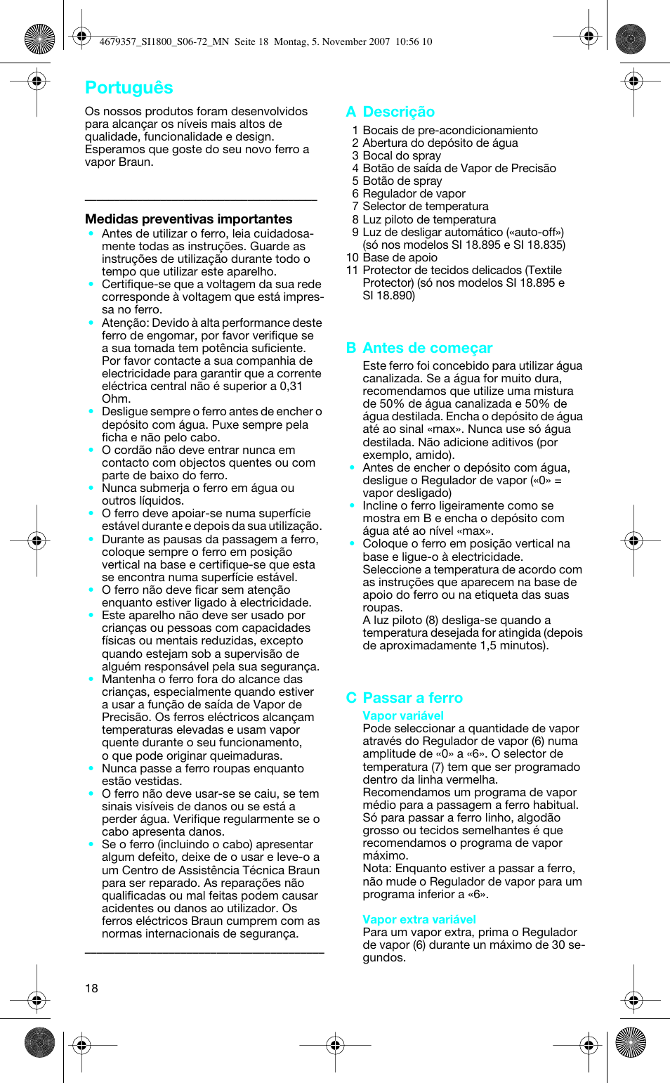 Português, A descrição, B antes de começar | C passar a ferro | Braun TexStyle Control SI 18835 User Manual | Page 18 / 70