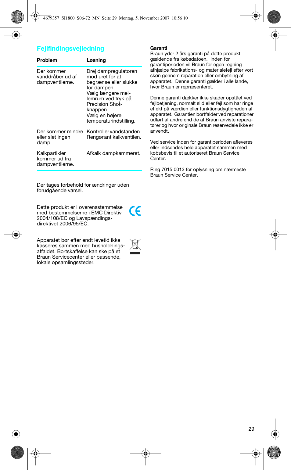 Fejlfindingsvejledning | Braun TexStyle Control SI 18835 User Manual | Page 29 / 70