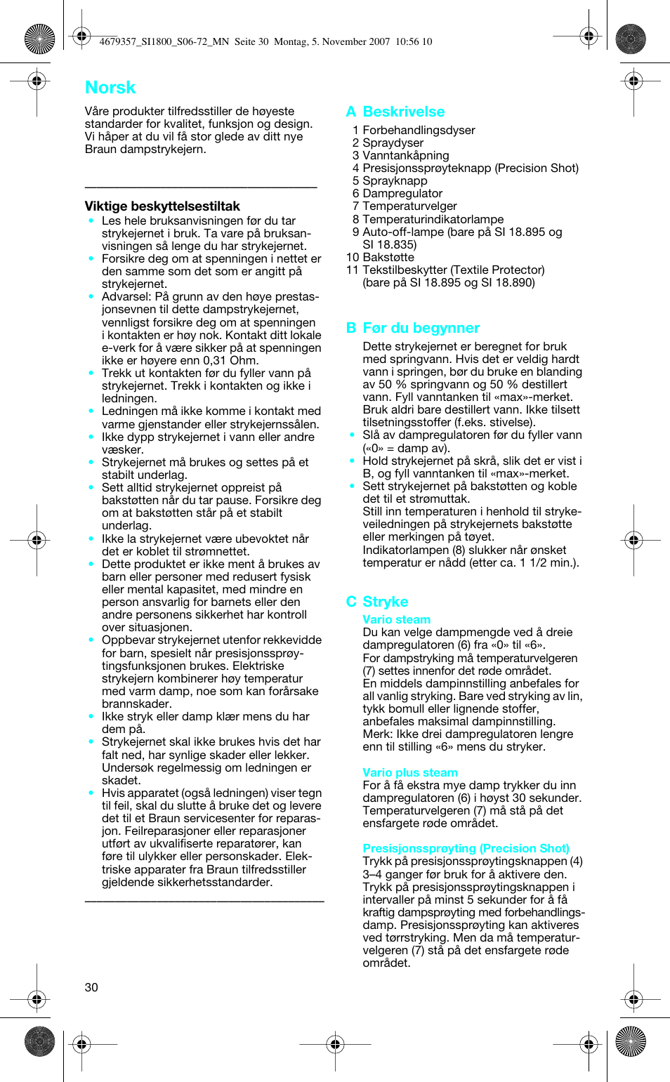 Norsk, A beskrivelse, B før du begynner | C stryke | Braun TexStyle Control SI 18835 User Manual | Page 30 / 70