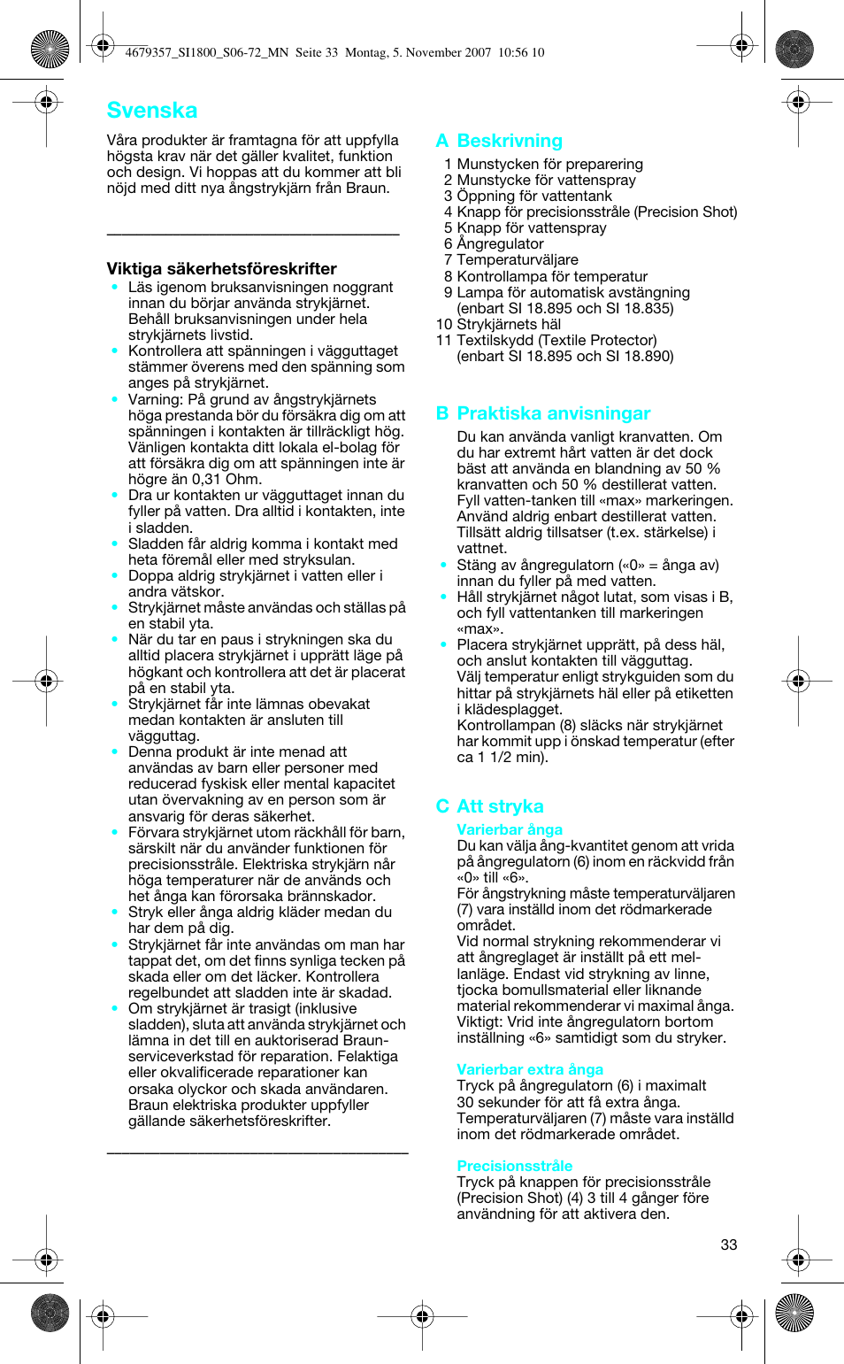 Svenska, A beskrivning, B praktiska anvisningar | C att stryka | Braun TexStyle Control SI 18835 User Manual | Page 33 / 70