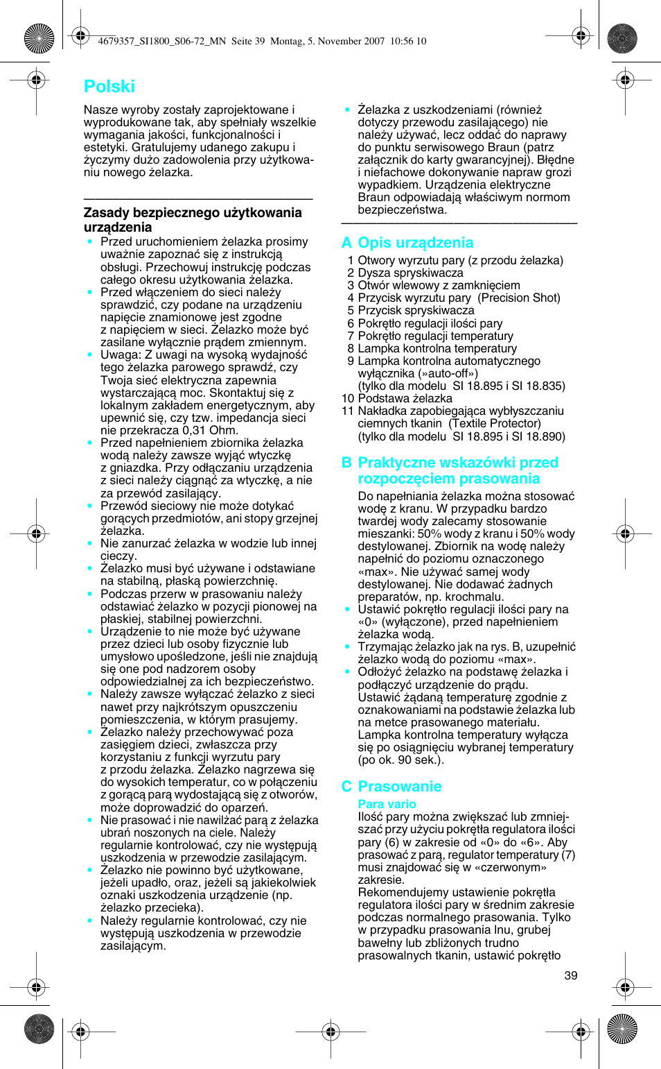 Polski, A opis urzàdzenia, C prasowanie | Braun TexStyle Control SI 18835 User Manual | Page 39 / 70