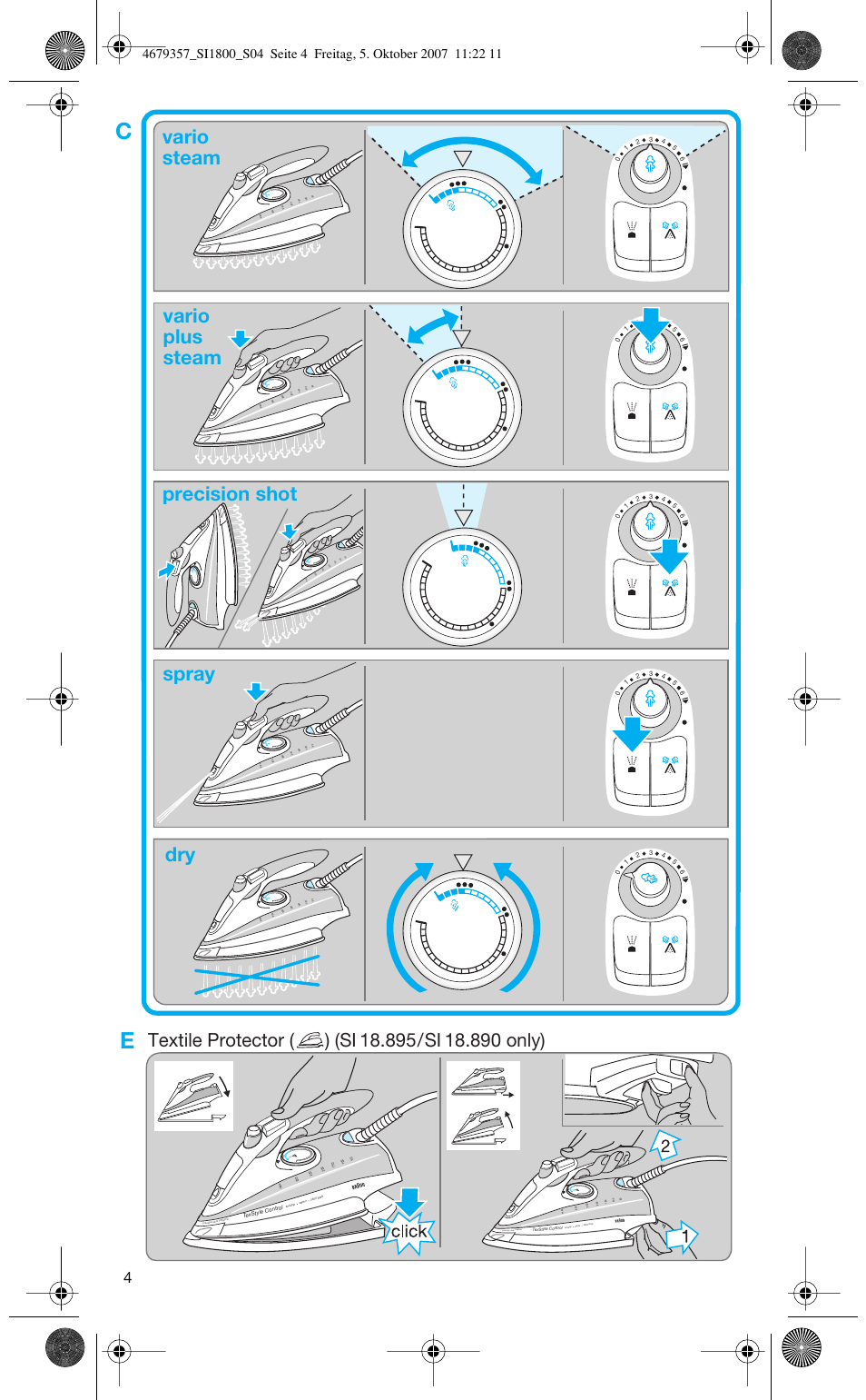 Vario steam vario plus steam spray dry, Precision shot, P recision shot 120g/min | Braun TexStyle Control SI 18835 User Manual | Page 4 / 70