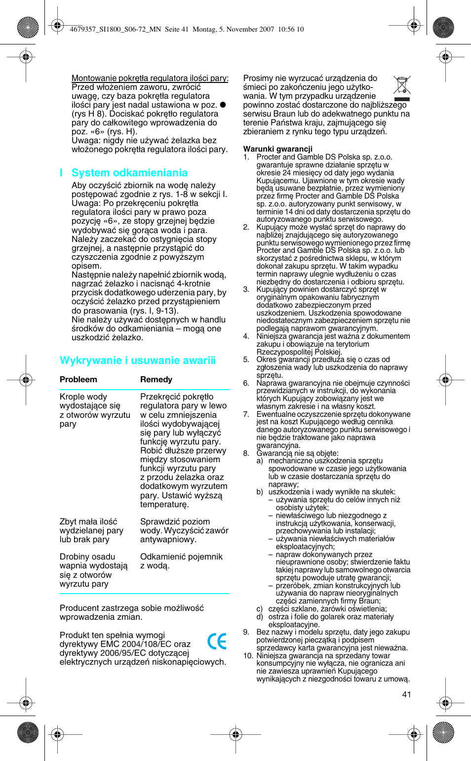 I system odkamieniania, Wykrywanie i usuwanie awariii | Braun TexStyle Control SI 18835 User Manual | Page 41 / 70