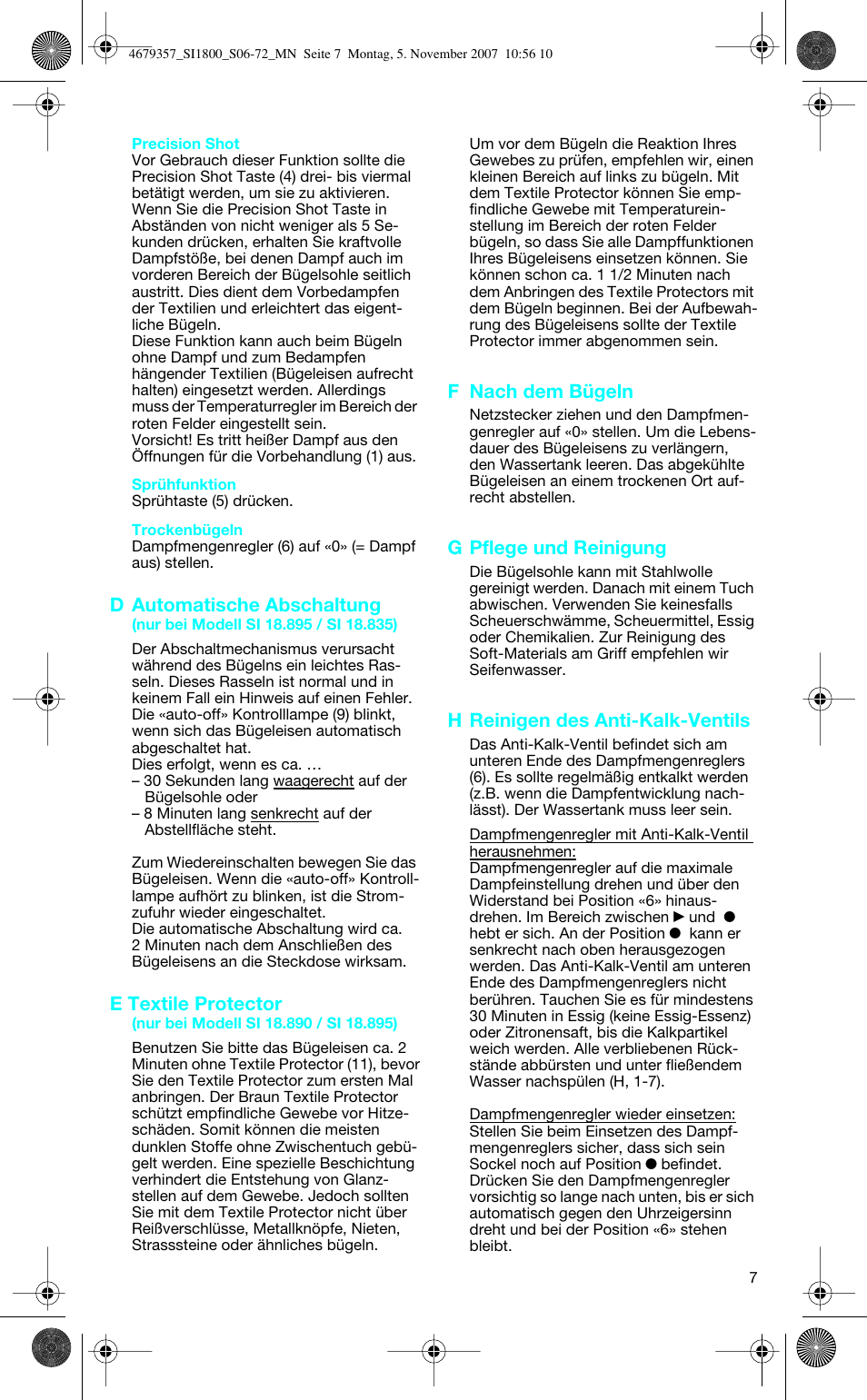 D automatische abschaltung, E textile protector, F nach dem bügeln | G pflege und reinigung, H reinigen des anti-kalk-ventils | Braun TexStyle Control SI 18835 User Manual | Page 7 / 70