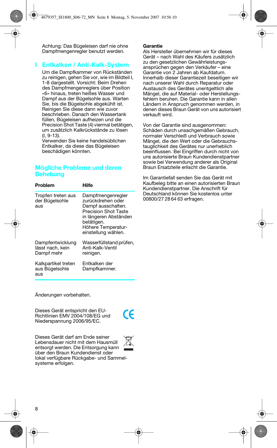 I entkalken / anti-kalk-system, Mögliche probleme und deren behebung | Braun TexStyle Control SI 18835 User Manual | Page 8 / 70