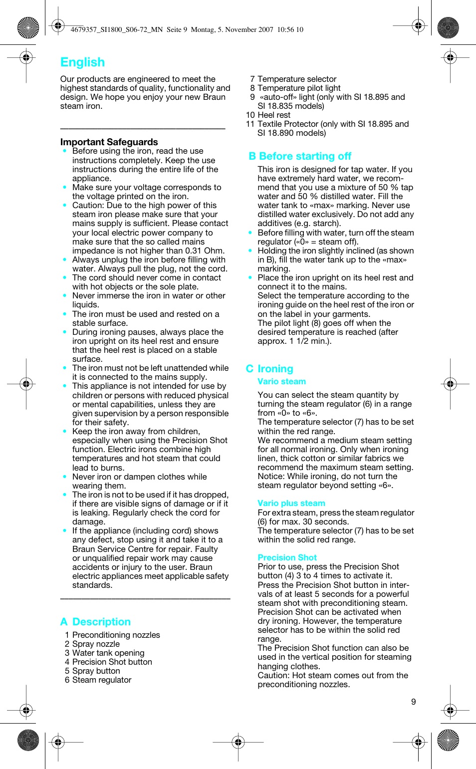 English, A description, B before starting off | C ironing | Braun TexStyle Control SI 18835 User Manual | Page 9 / 70