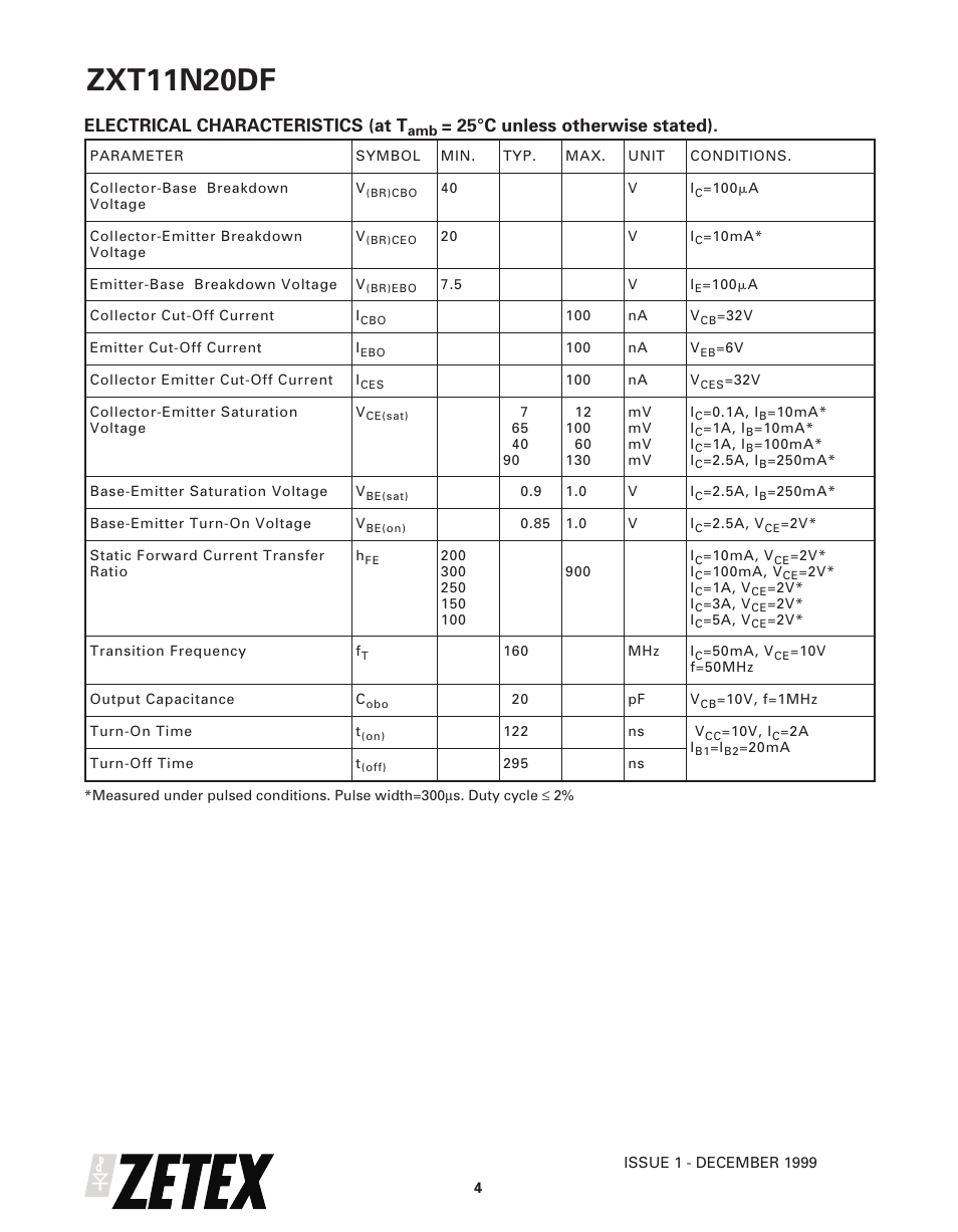 Zxt11n20df, Electrical characteristics (at t, 25°c unless otherwise stated) | Diodes ZXT11N20DF User Manual | Page 4 / 6