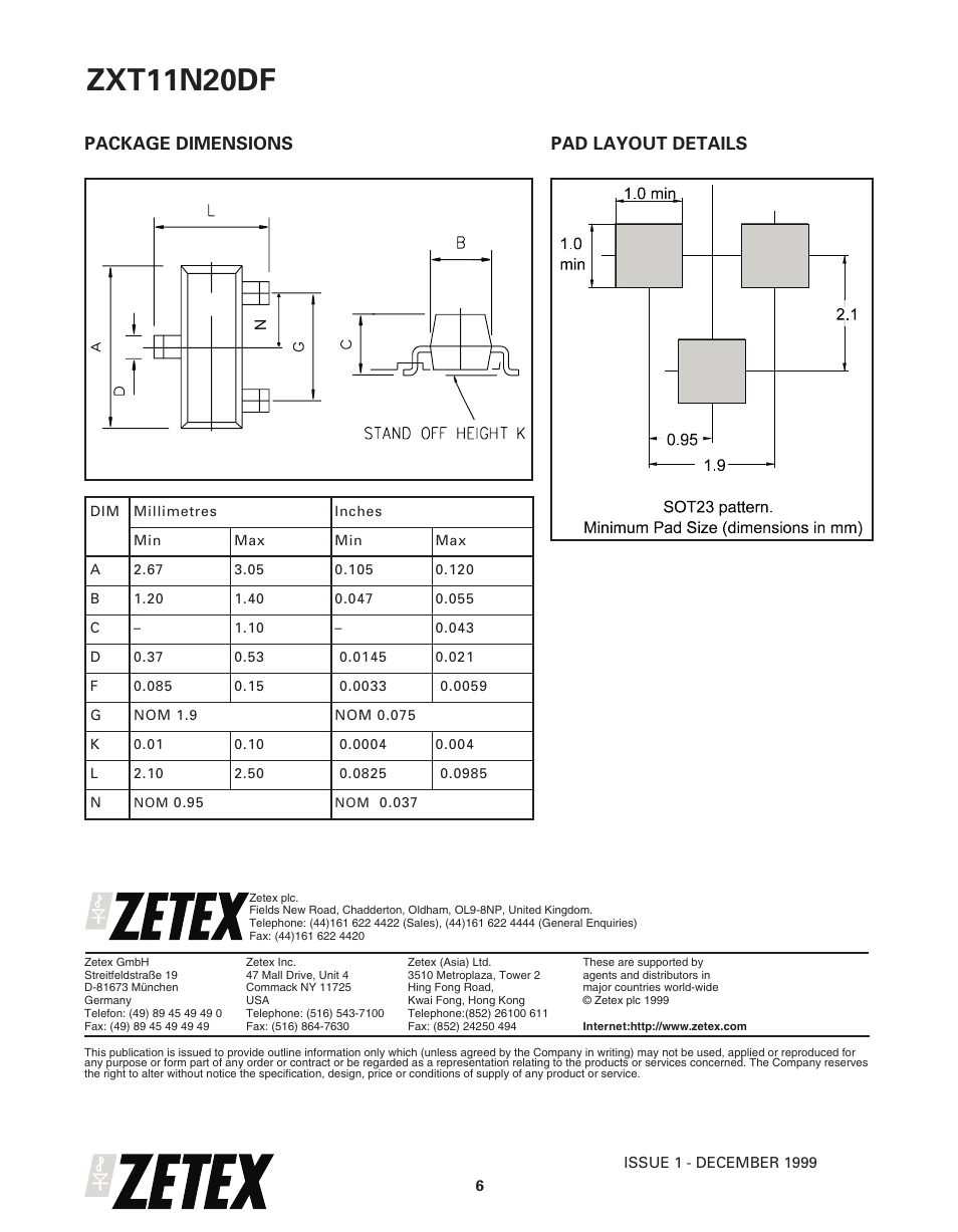 Zxt11n20df, Package dimensions pad layout details | Diodes ZXT11N20DF User Manual | Page 6 / 6