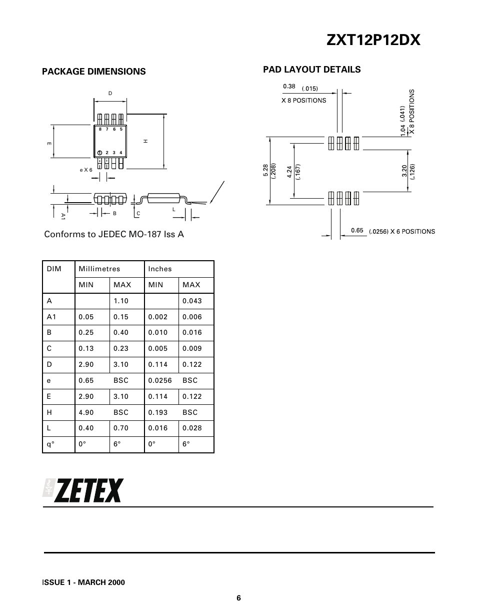 Zxt12p12dx, Package dimensions pad layout details, Conforms to jedec mo-187 iss a | Diodes ZXT12P12DX User Manual | Page 6 / 6