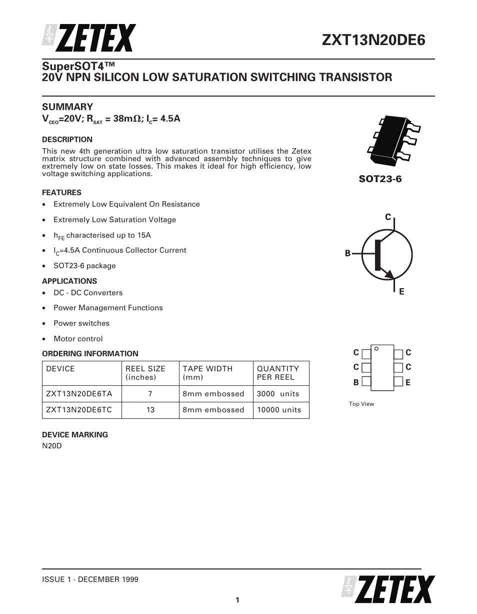 Diodes ZXT13N20DE6 User Manual | 6 pages