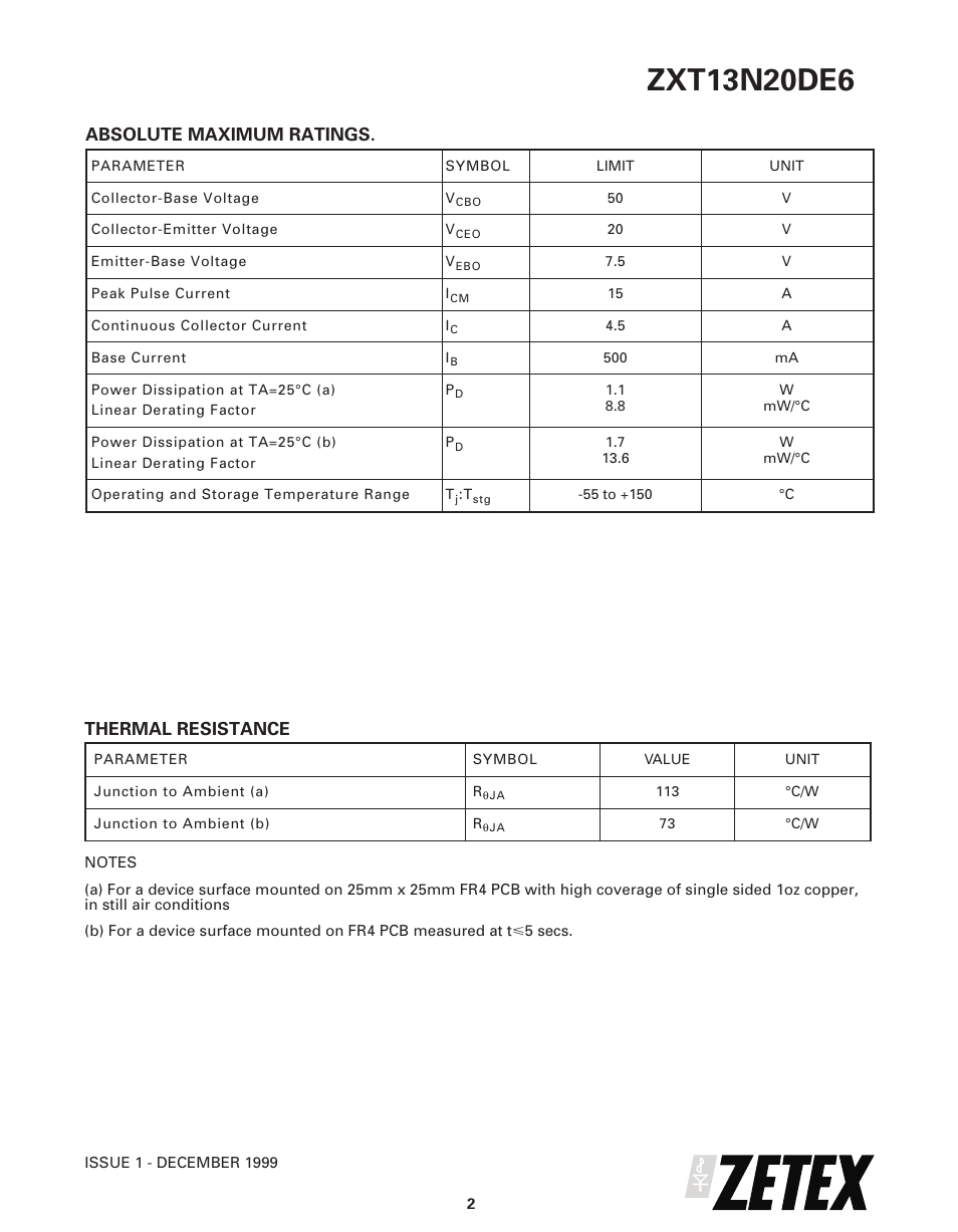 Diodes ZXT13N20DE6 User Manual | Page 2 / 6