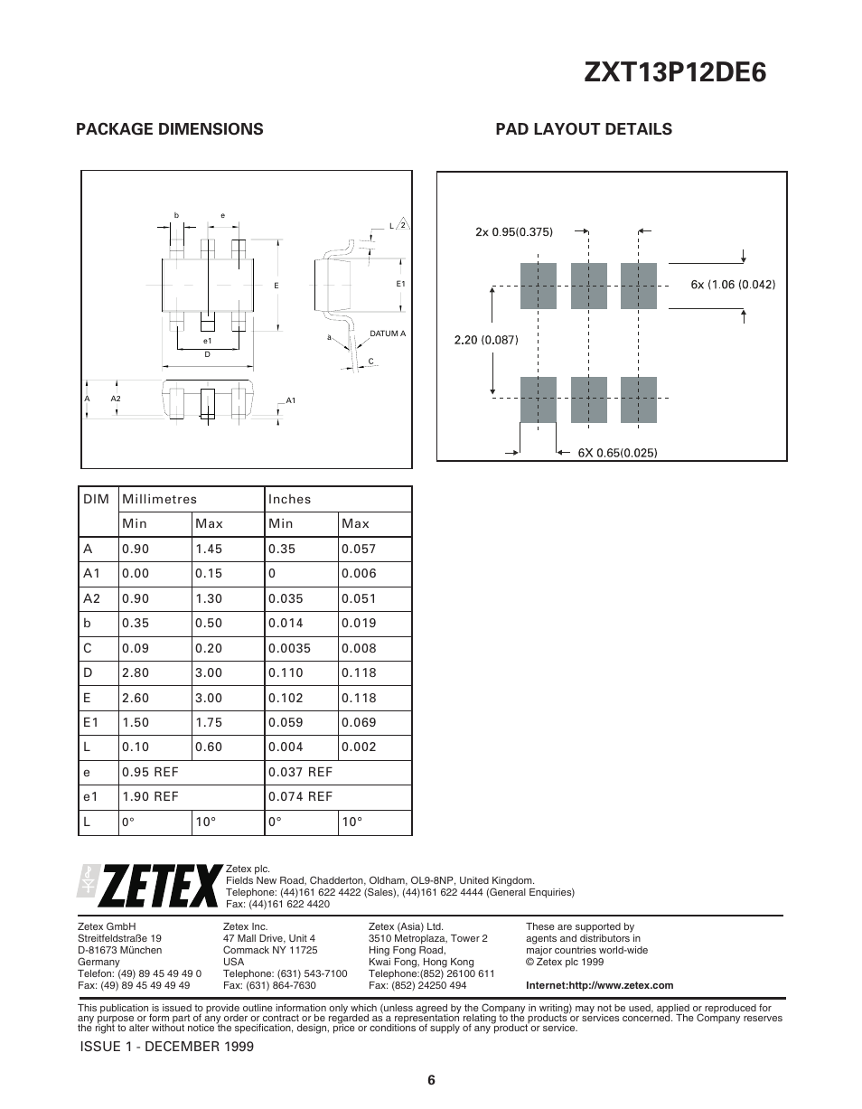 Package dimensions pad layout details | Diodes ZXT13P12DE6 User Manual | Page 6 / 6