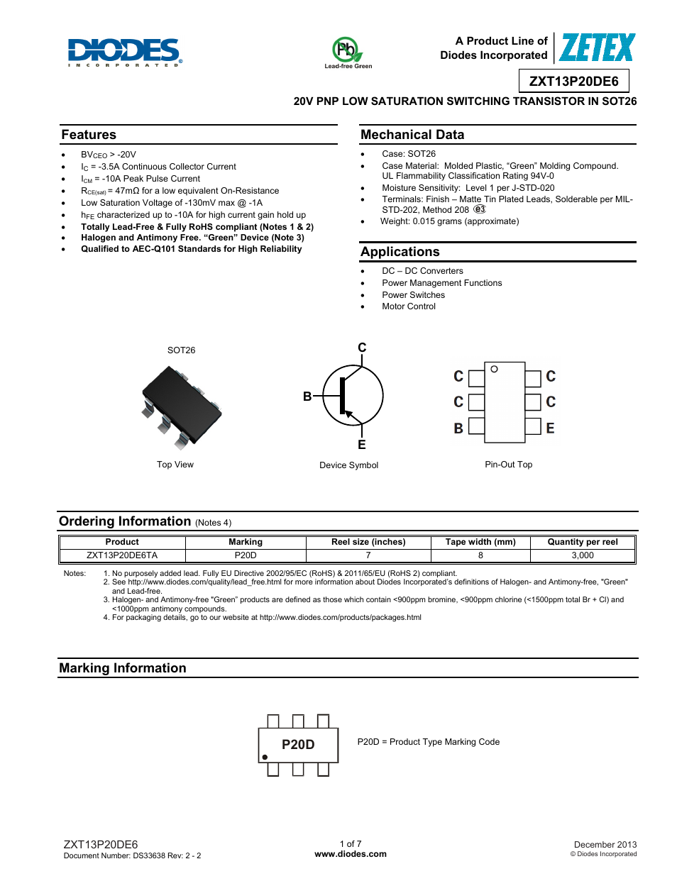 Diodes ZXT13P20DE6 User Manual | 7 pages