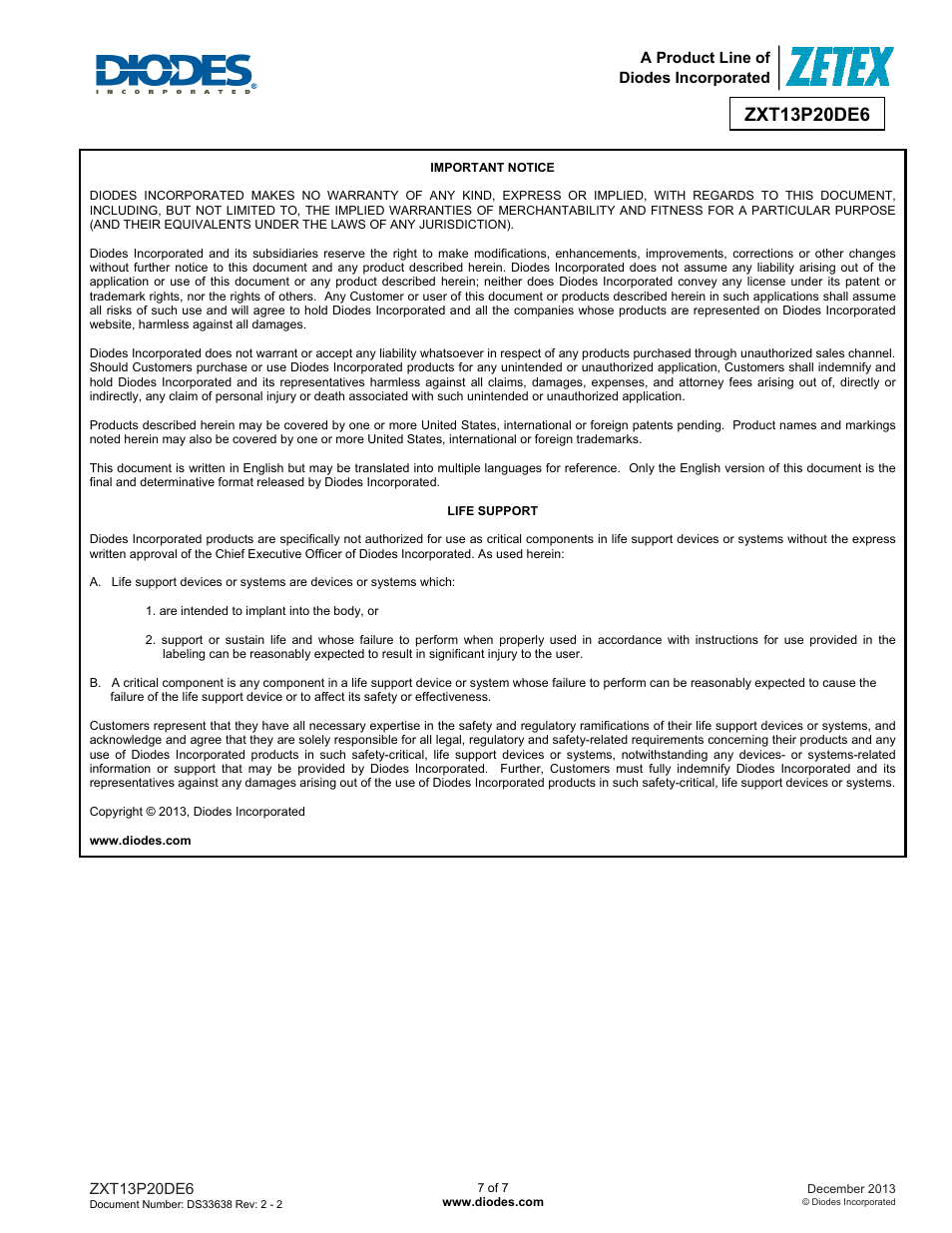 Diodes ZXT13P20DE6 User Manual | Page 7 / 7