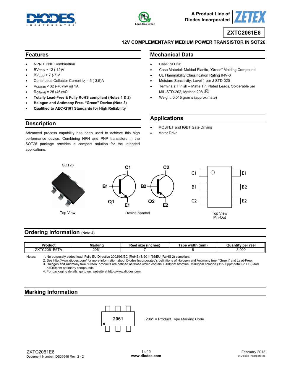 Diodes ZXTC2061E6 User Manual | 9 pages