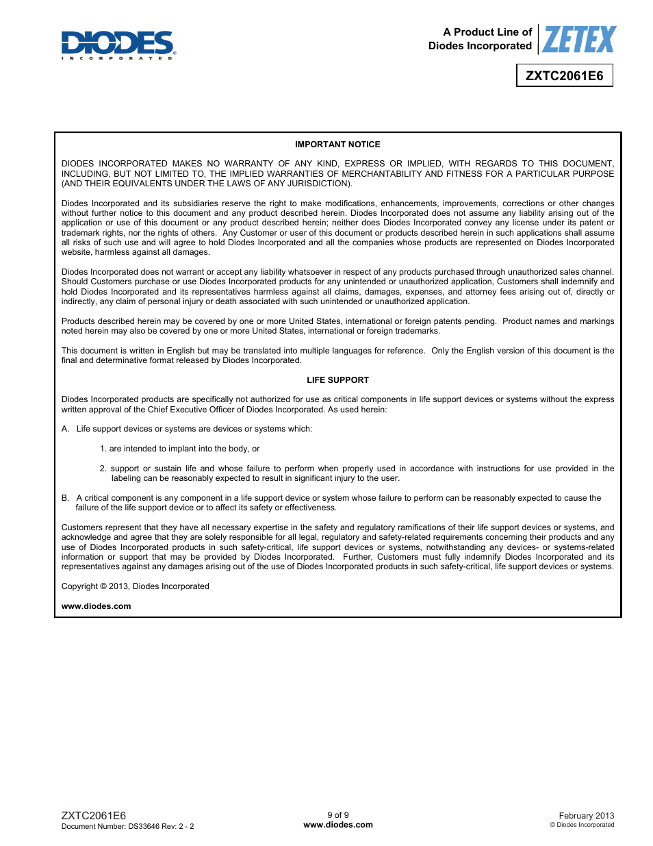 Diodes ZXTC2061E6 User Manual | Page 9 / 9