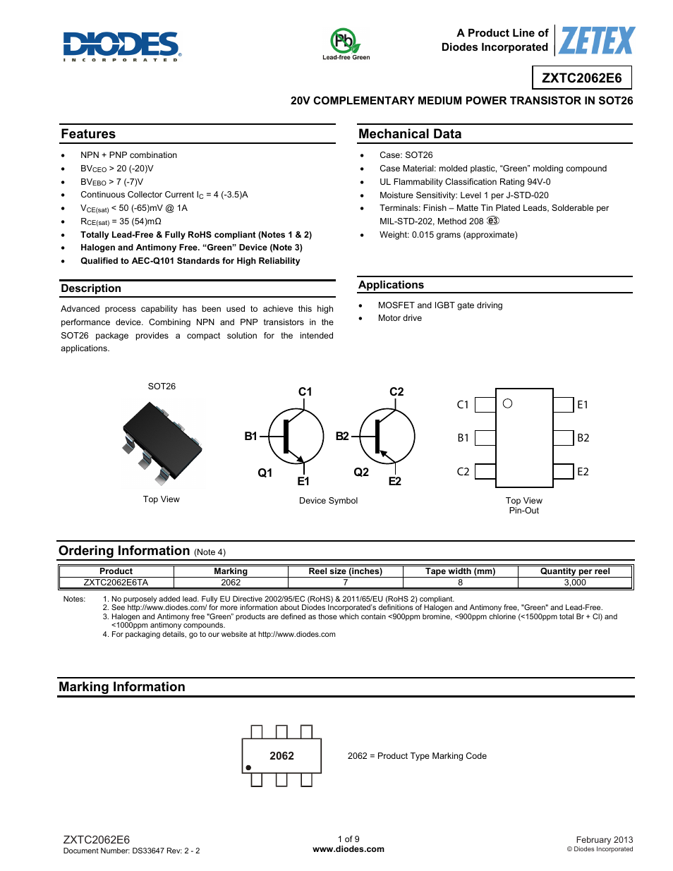 Diodes ZXTC2062E6 User Manual | 9 pages
