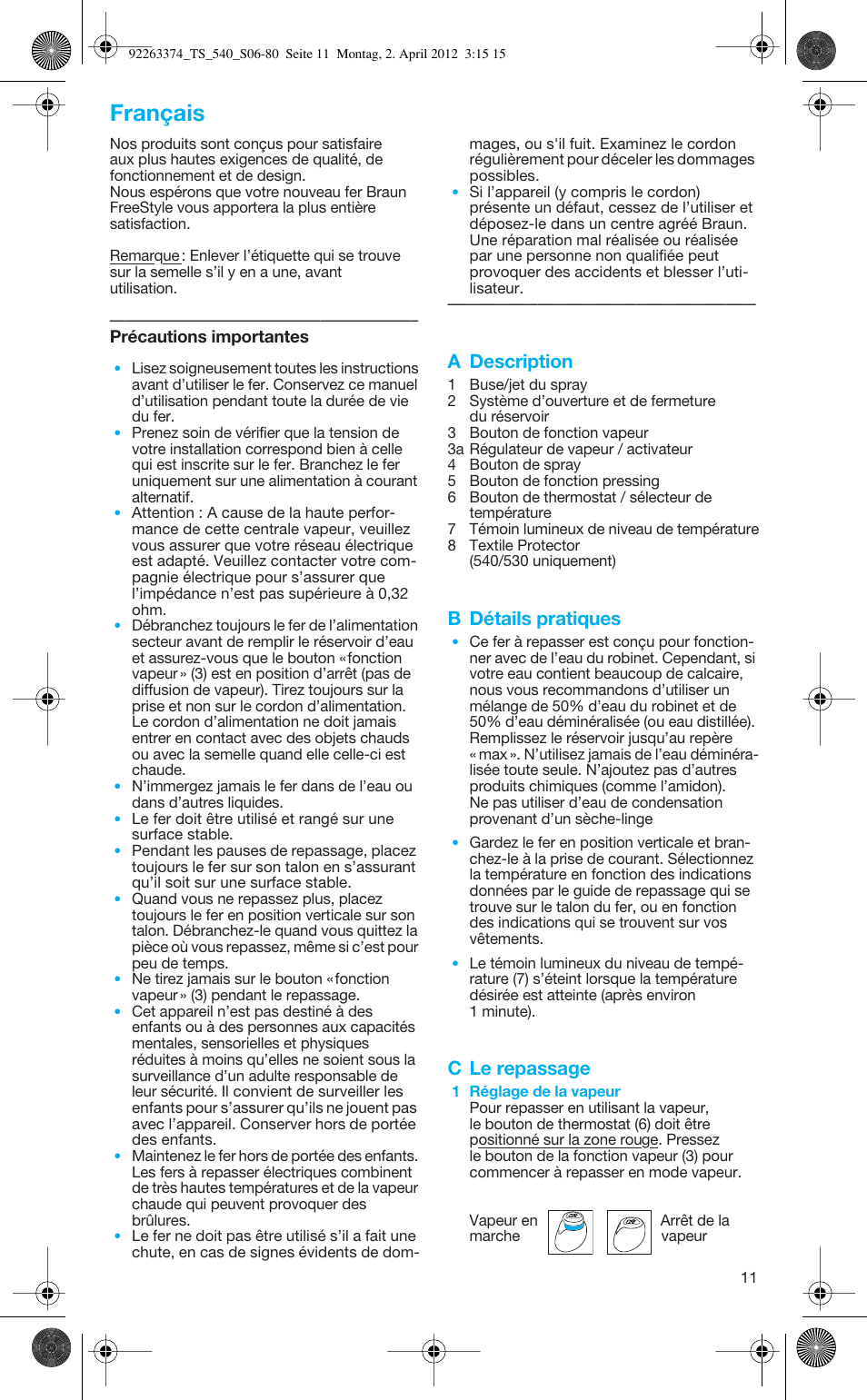 Français, A description, B détails pratiques | C le repassage | Braun TexStyle 5 530 User Manual | Page 11 / 78