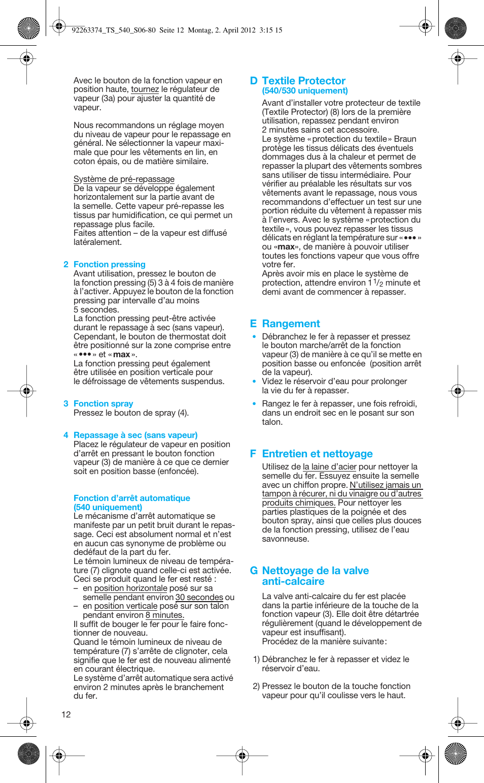 D textile protector, E rangement, F entretien et nettoyage | G nettoyage de la valve anti-calcaire | Braun TexStyle 5 530 User Manual | Page 12 / 78