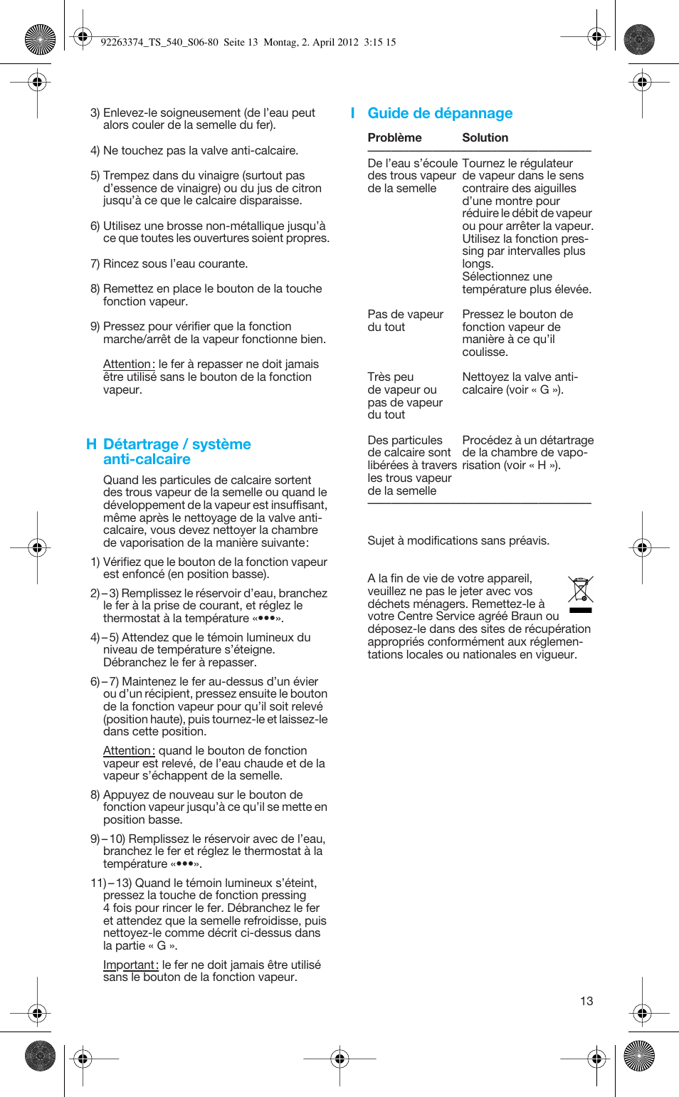 H détartrage / système anti-calcaire, I guide de dépannage | Braun TexStyle 5 530 User Manual | Page 13 / 78