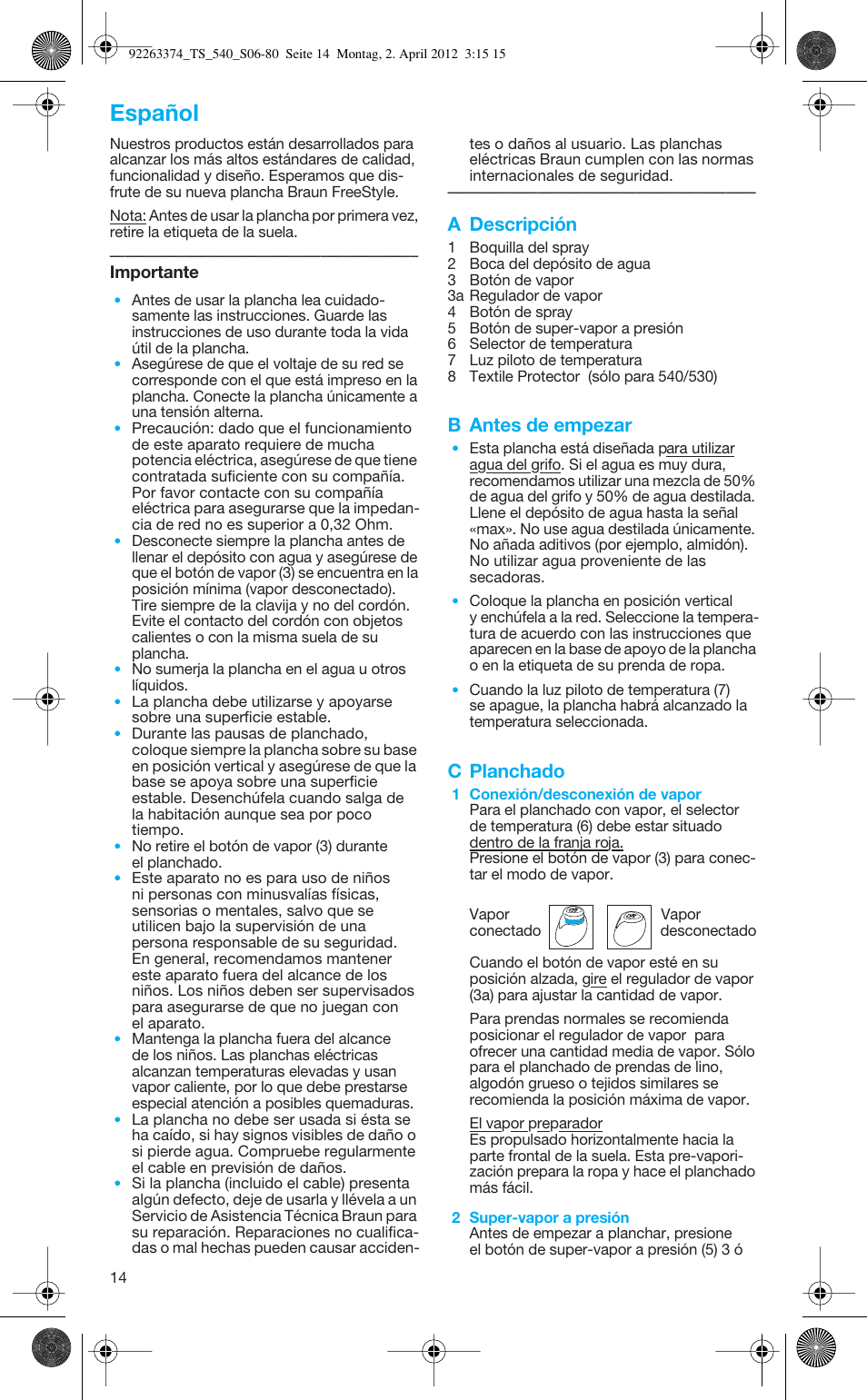 Español, A descripción, B antes de empezar | C planchado | Braun TexStyle 5 530 User Manual | Page 14 / 78