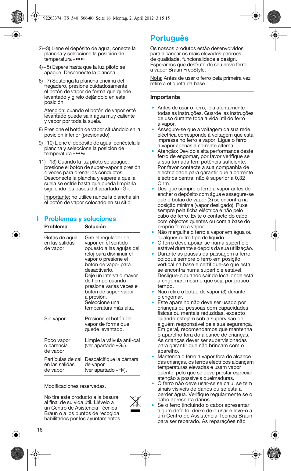 Português, I problemas y soluciones | Braun TexStyle 5 530 User Manual | Page 16 / 78