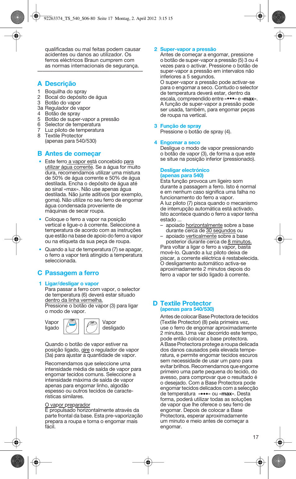 A descrição, B antes de começar, C passagem a ferro | D textile protector | Braun TexStyle 5 530 User Manual | Page 17 / 78