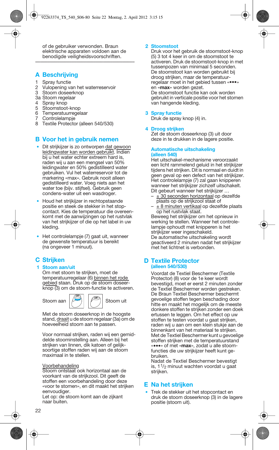 A beschrijving, B voor het in gebruik nemen, C strijken | D textile protector, E na het strijken | Braun TexStyle 5 530 User Manual | Page 22 / 78