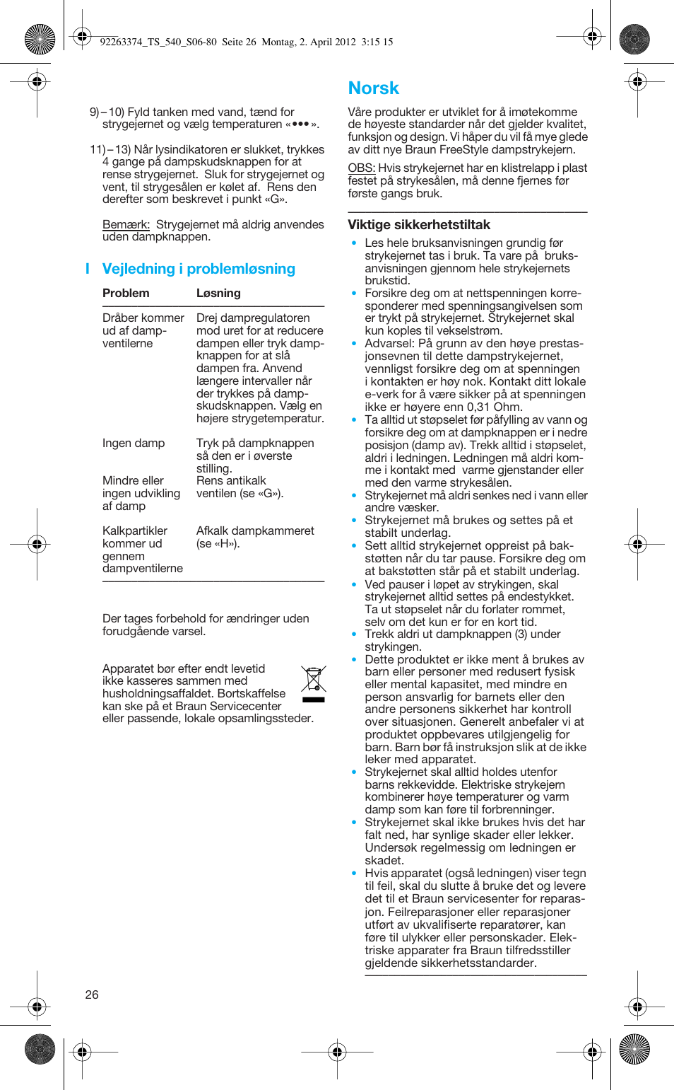 Norsk, I vejledning i problemløsning | Braun TexStyle 5 530 User Manual | Page 26 / 78