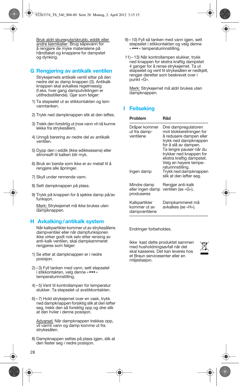 G rengjøring av antikalk ventilen, H avkalking / antikalk system, I feilsøking | Braun TexStyle 5 530 User Manual | Page 28 / 78