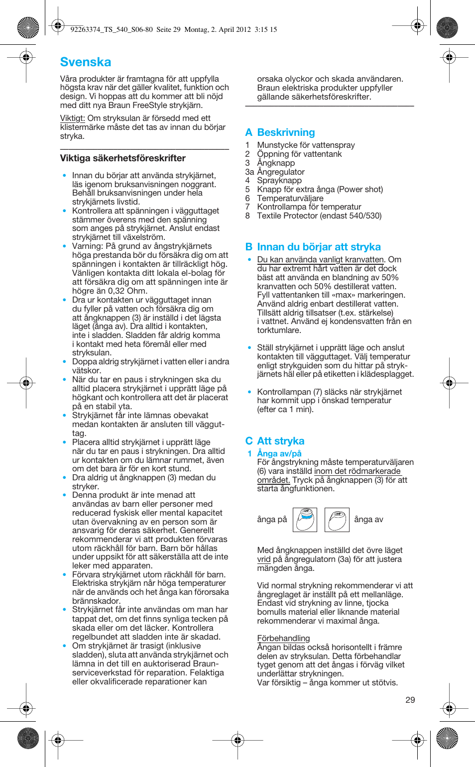 Svenska, A beskrivning, B innan du börjar att stryka | C att stryka | Braun TexStyle 5 530 User Manual | Page 29 / 78