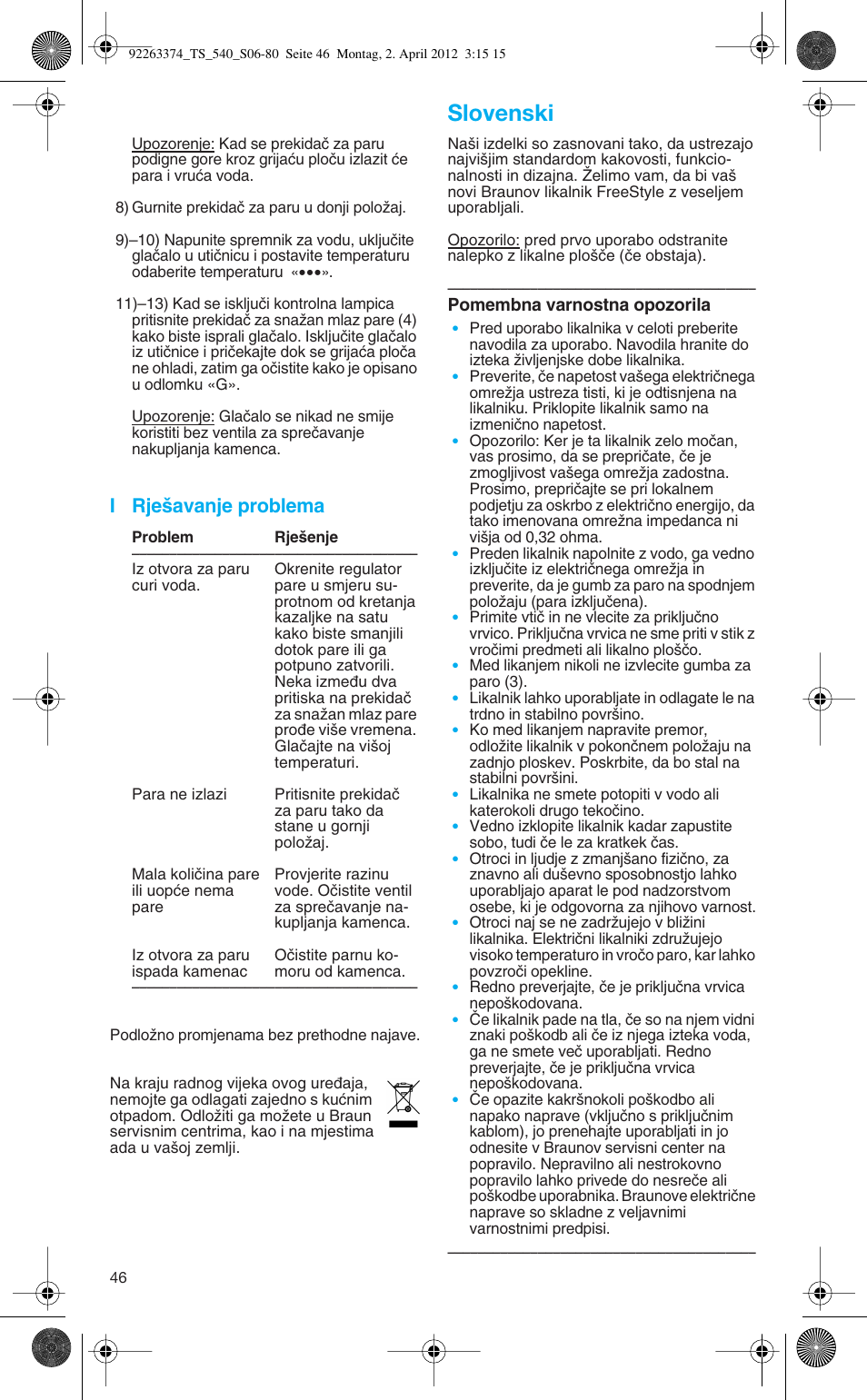 Slovenski, I rje‰avanje problema | Braun TexStyle 5 530 User Manual | Page 46 / 78