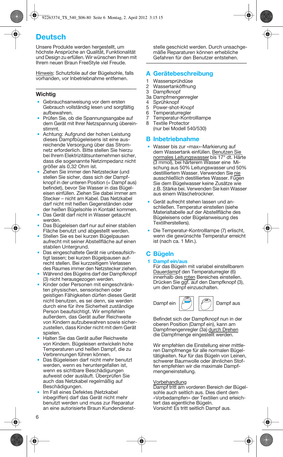 92263374_ts_540_s06-80, Deutsch, A gerätebeschreibung | B inbetriebnahme, C bügeln | Braun TexStyle 5 530 User Manual | Page 6 / 78