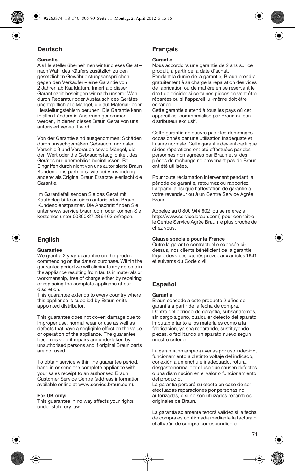 Deutsch, English, Français | Español | Braun TexStyle 5 530 User Manual | Page 71 / 78